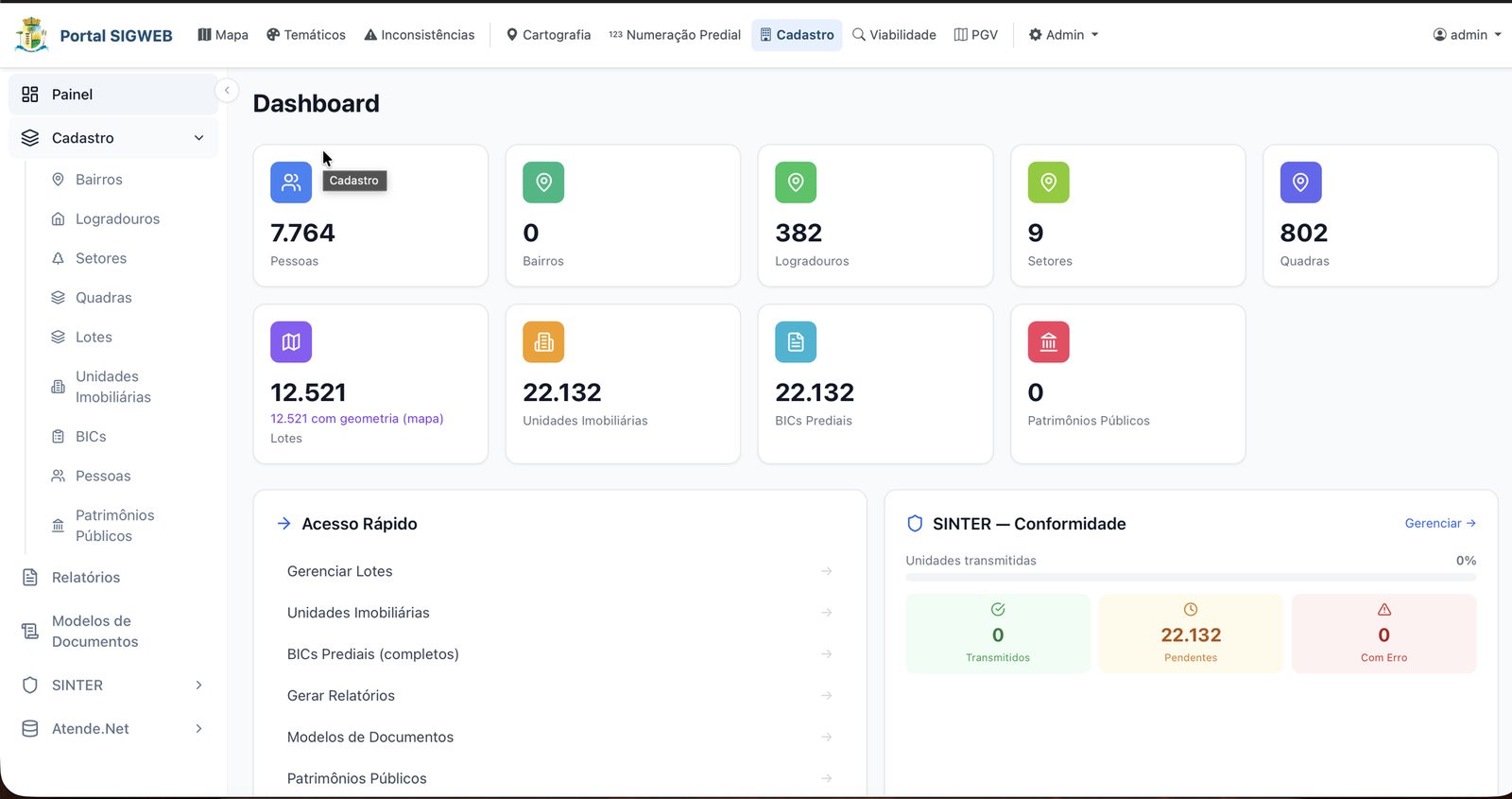 Portal SIGWEB — Cadastro Imobiliário Multifinalitário (lotes, unidades imobiliárias, BICs)